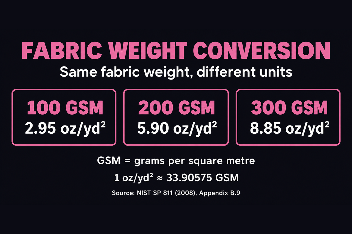 Fabric weight conversions: 100 GSM equals 2.95 oz/yd²; 200 GSM equals 5.90 oz/yd²; 300 GSM equals 8.85 oz/yd². Values are rounded.
